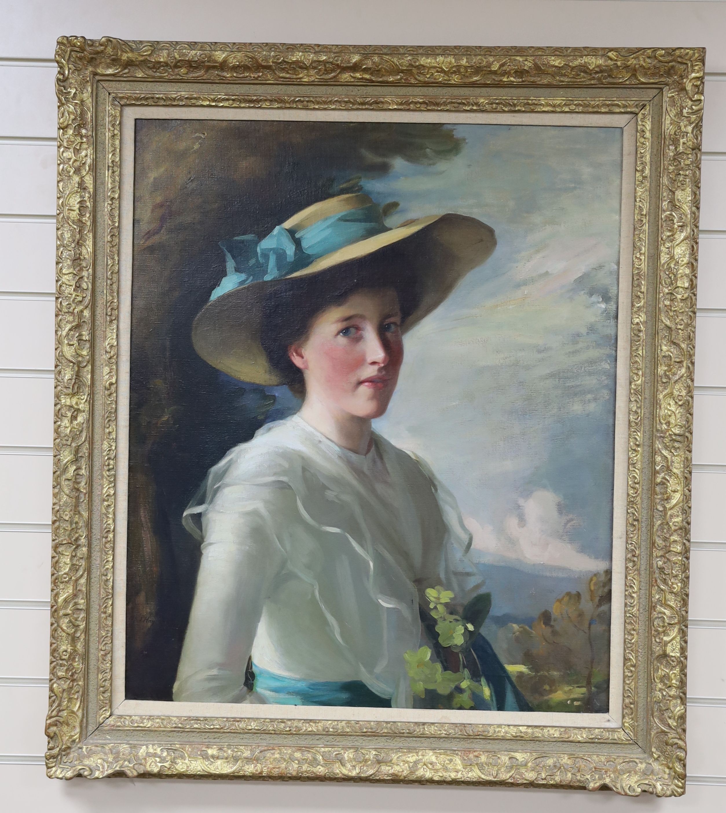 Alfonse J. Hagaier, oil on canvas, Portrait of a lady wearing a broad-brimmed hat, signed, 75 x 62cm